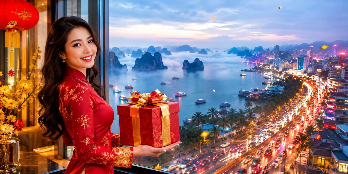 Phong cảnh vịnh Hạ Long với ánh đèn xổ số neon